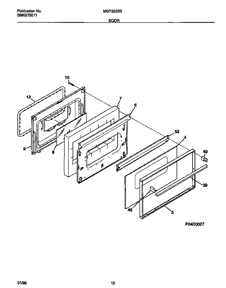 DOOR Diagram and Parts List for MGF322BBWD  Frigidaire Range