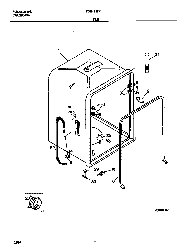 TUB Diagram and Parts List for FDB421RFS2  Frigidaire Dishwasher
