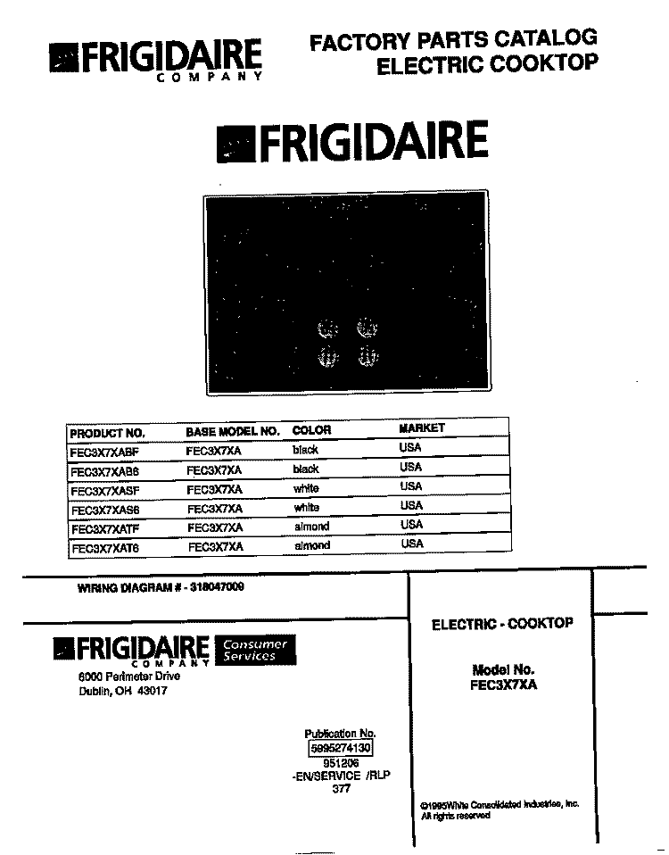 COVER Diagram and Parts List for FEC3X7XAB6  Frigidaire Cooktop