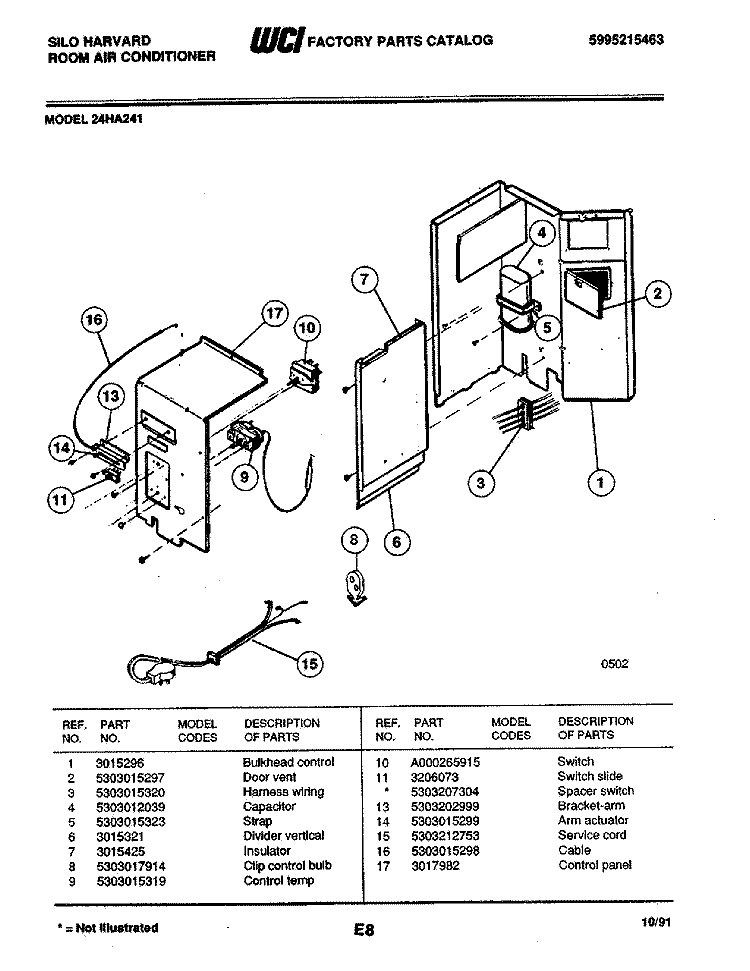 CONTROL PANEL Diagram and Parts List for 24HA241  Frigidaire Air Conditioner