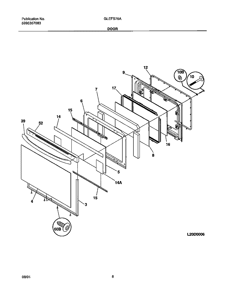 DOOR Diagram and Parts List for GLEFS76AQA  Frigidaire Range