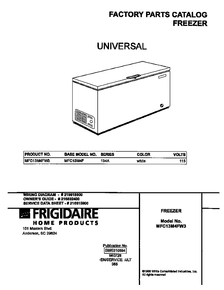 COVER Diagram and Parts List for MFC13M4FW3  Frigidaire Freezer