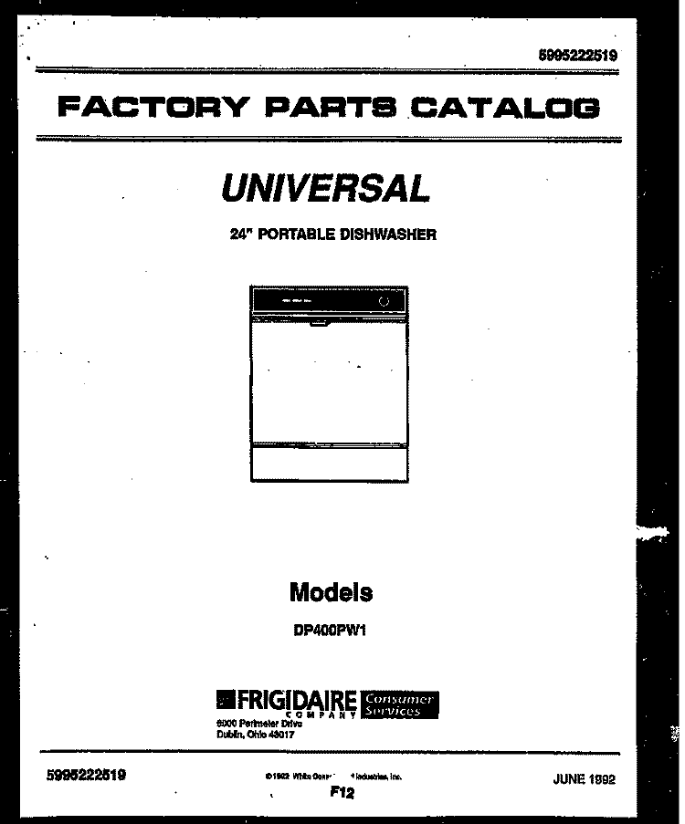 COVER Diagram and Parts List for DP400PW1  Tappan Dishwasher