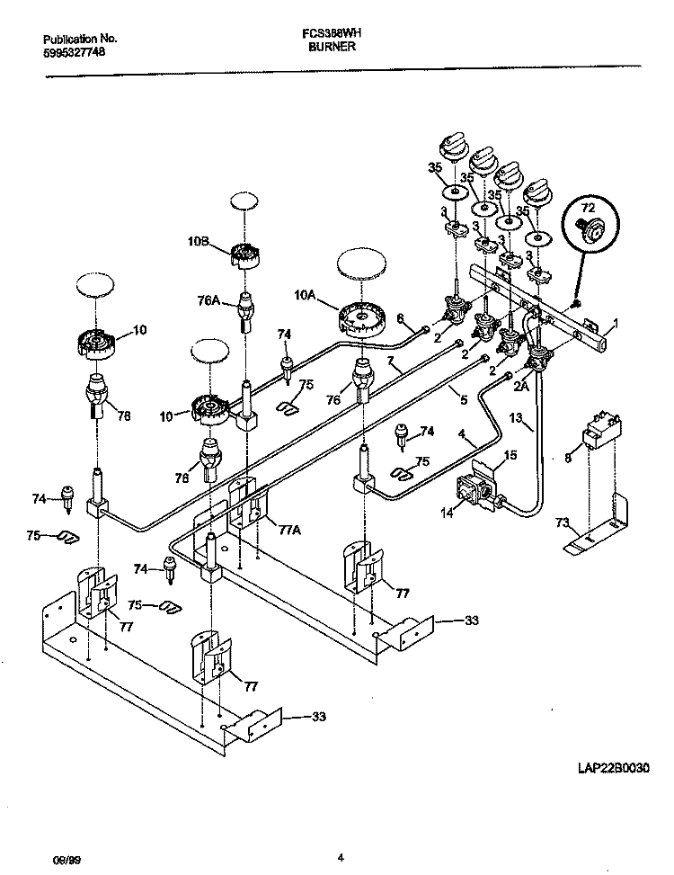 BURNER Diagram and Parts List for FCS388WHCB  Frigidaire Range