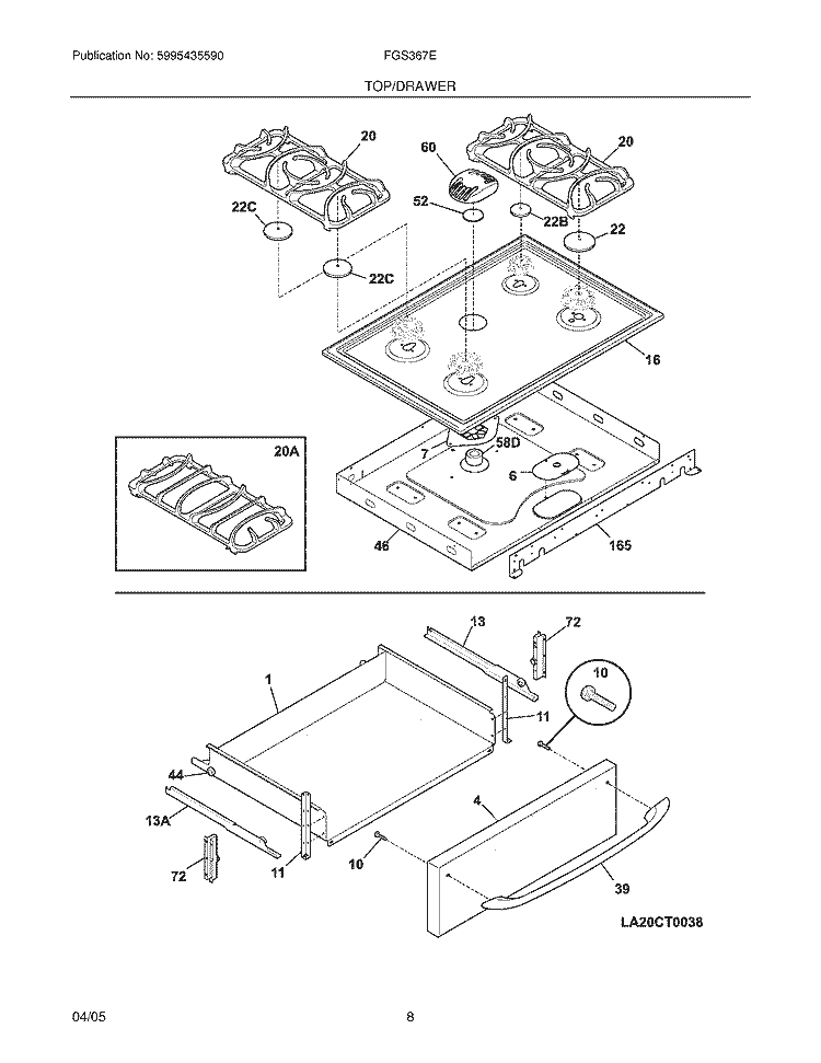 TOP / DRAWER Diagram and Parts List for FGS367ESA  Frigidaire Range