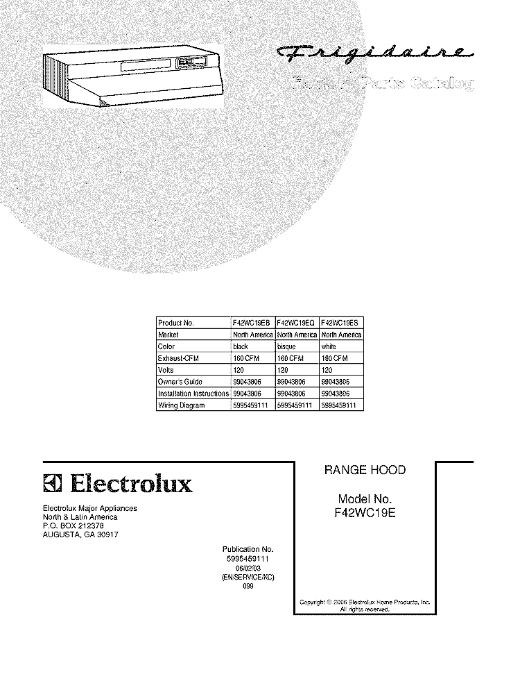 COVER Diagram and Parts List for F42WC19EB  Frigidaire Range Hood
