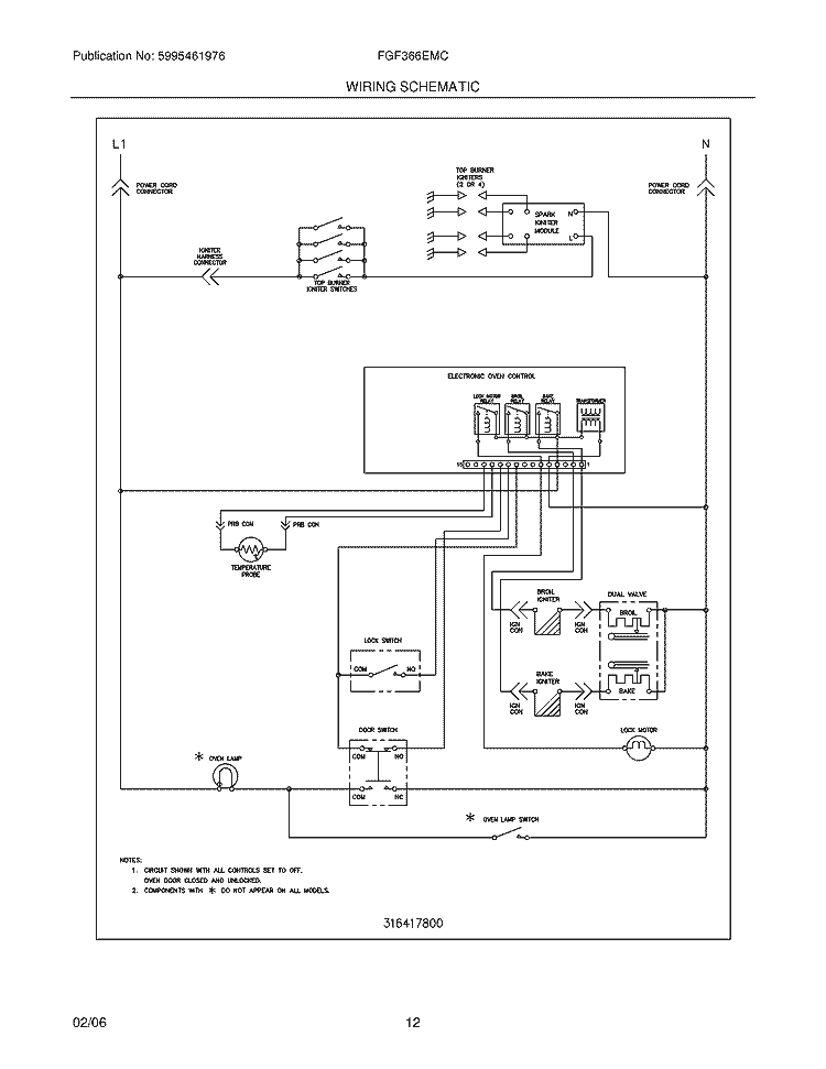 WIRING SCHEMATIC Diagram and Parts List for FGF366EMC  Frigidaire Range
