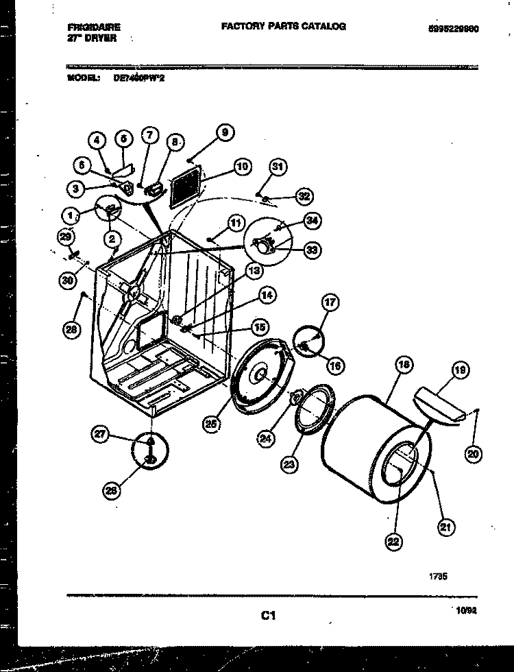 CABINET AND COMPONENT PARTS Diagram and Parts List for DE7400PW2  Frigidaire Dryer
