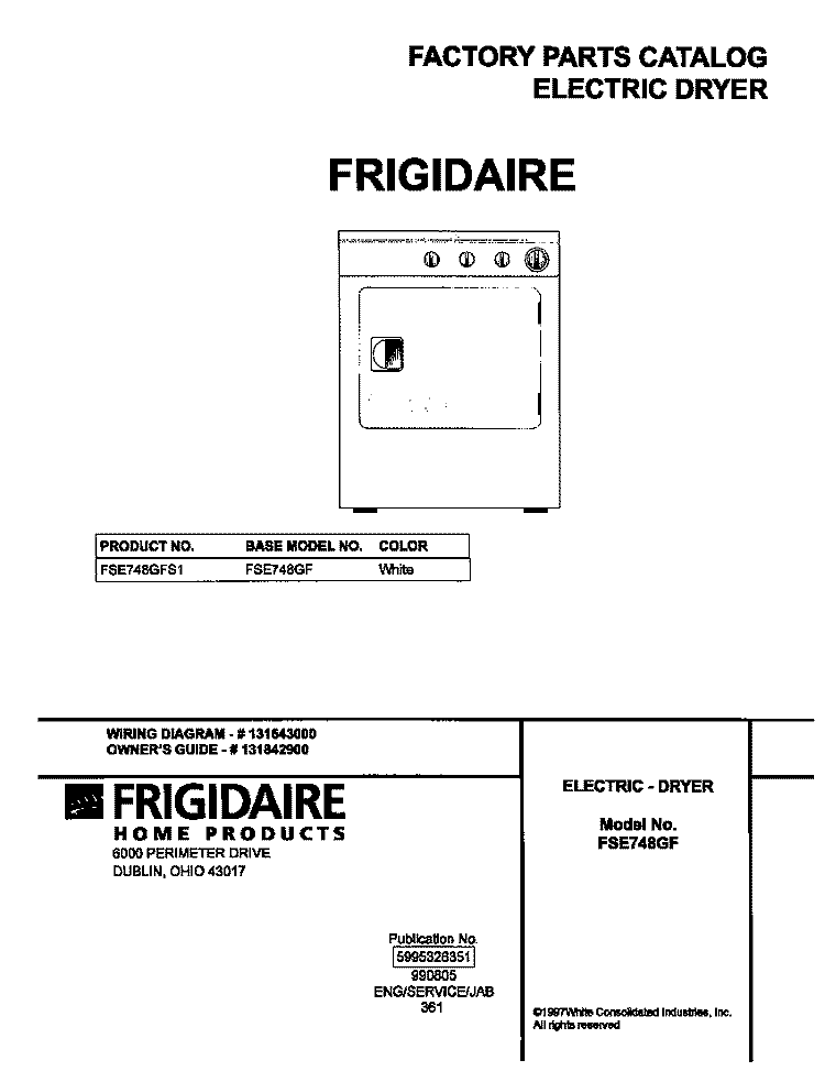 COVER Diagram and Parts List for FSE748GFS1  Frigidaire Dryer