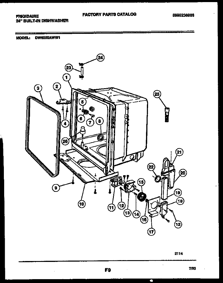 TUB AND FRAME PARTS Diagram and Parts List for DW6000AWW1  Frigidaire Dishwasher