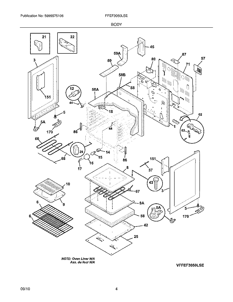 BODY Diagram and Parts List for FFEF3050LSE  Frigidaire Range