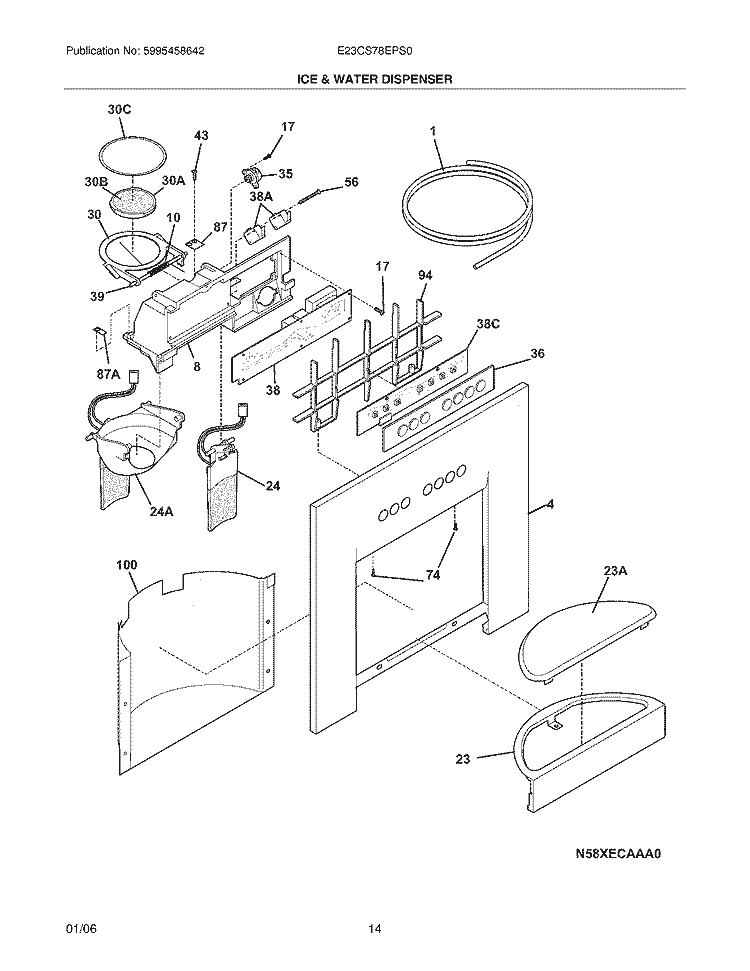 ICE & WATER DISPENSER Diagram and Parts List for E23CS78EPS0  Electrolux Refrigerator