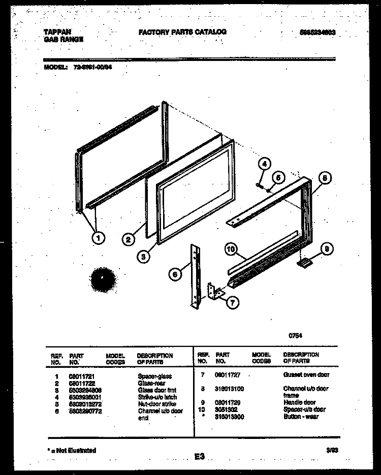 UPPER OVEN DOOR PARTS Diagram and Parts List for 72-3981-23-04  Tappan Range