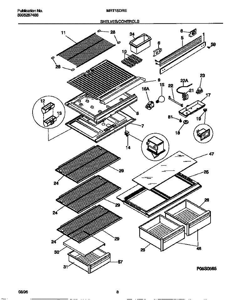 SHELVES / CONTROLS Diagram and Parts List for MRT15DRED1  Frigidaire Refrigerator