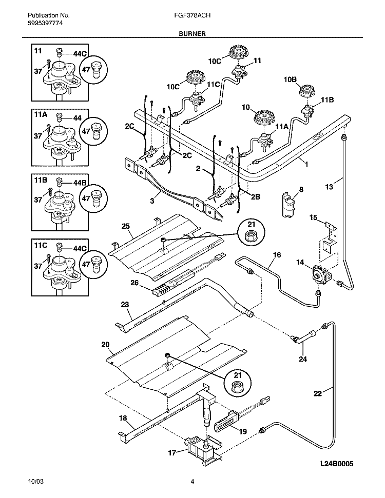 BURNER Diagram and Parts List for FGF378ACH  Frigidaire Range