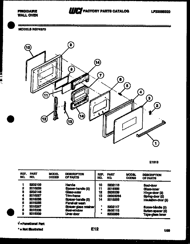 DOOR PARTS Diagram and Parts List for RG75BFB0  Frigidaire Wall Oven