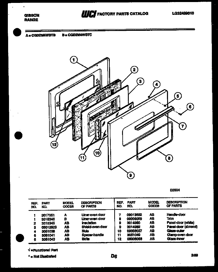 DOOR PARTS Diagram and Parts List for CGD2M4WSTC  Gibson Range