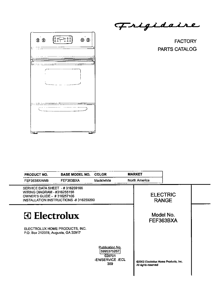 COVER Diagram and Parts List for FEF363BXAWB  Frigidaire Range