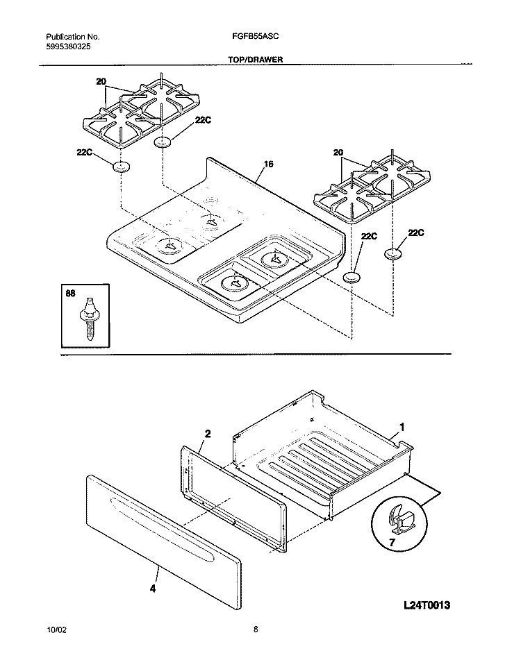 TOP / DRAWER Diagram and Parts List for FGFB55ASC  Frigidaire Range