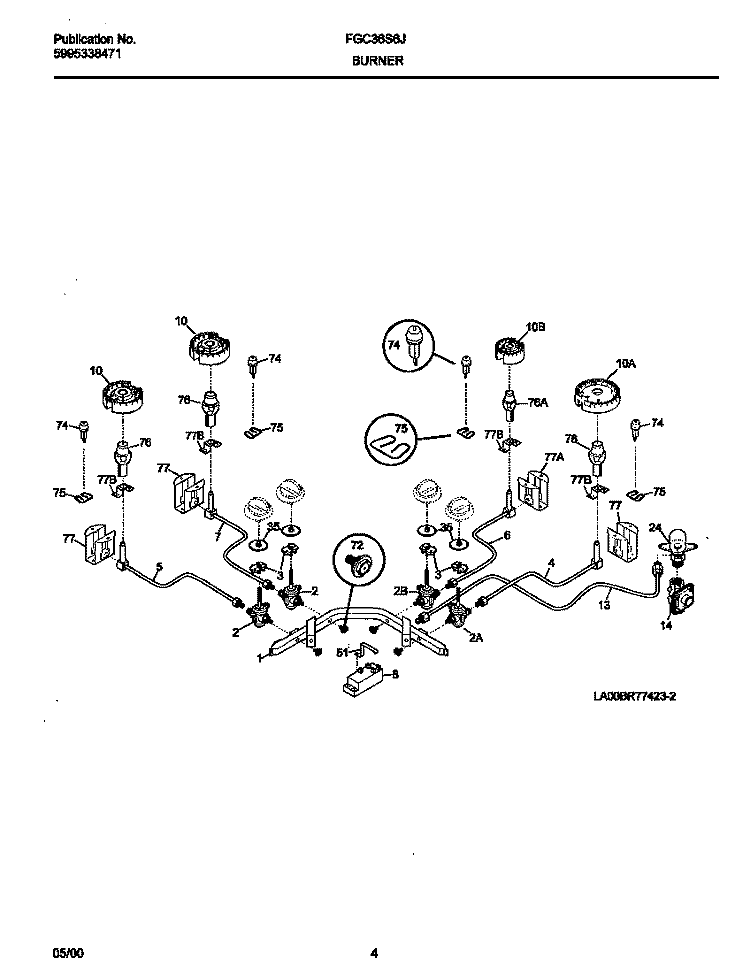 BURNER Diagram and Parts List for FGC36S6JSA  Frigidaire Cooktop