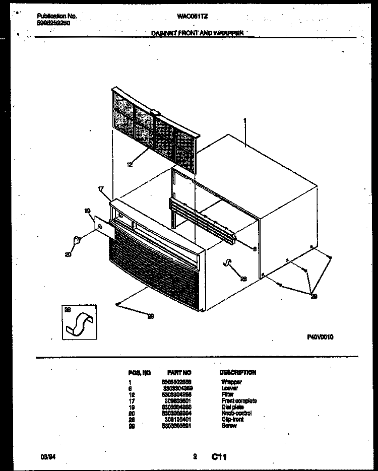 CABINET FRONT AND WRAPPER Diagram and Parts List for WAC051T7Z1  Frigidaire Air Conditioner
