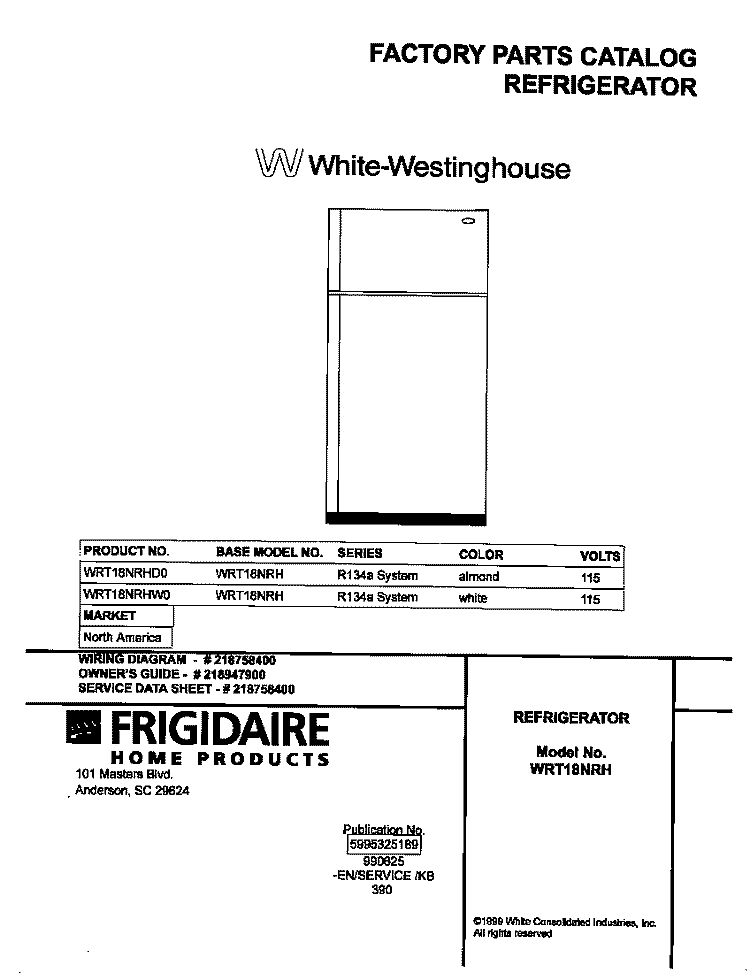 COVER Diagram and Parts List for WRT18NRHW0  Frigidaire Refrigerator