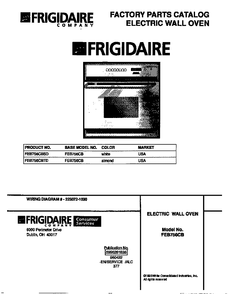 COVER Diagram and Parts List for FEB756CBTD  Frigidaire Wall Oven