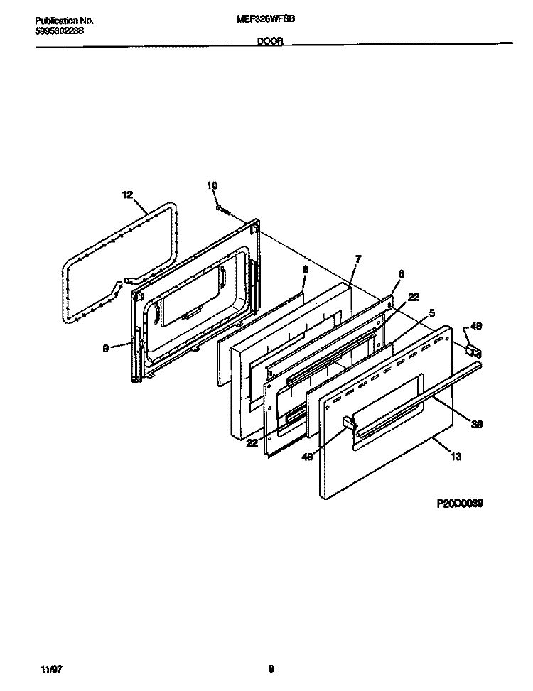 DOOR Diagram and Parts List for MEF326WFSB  Frigidaire Range