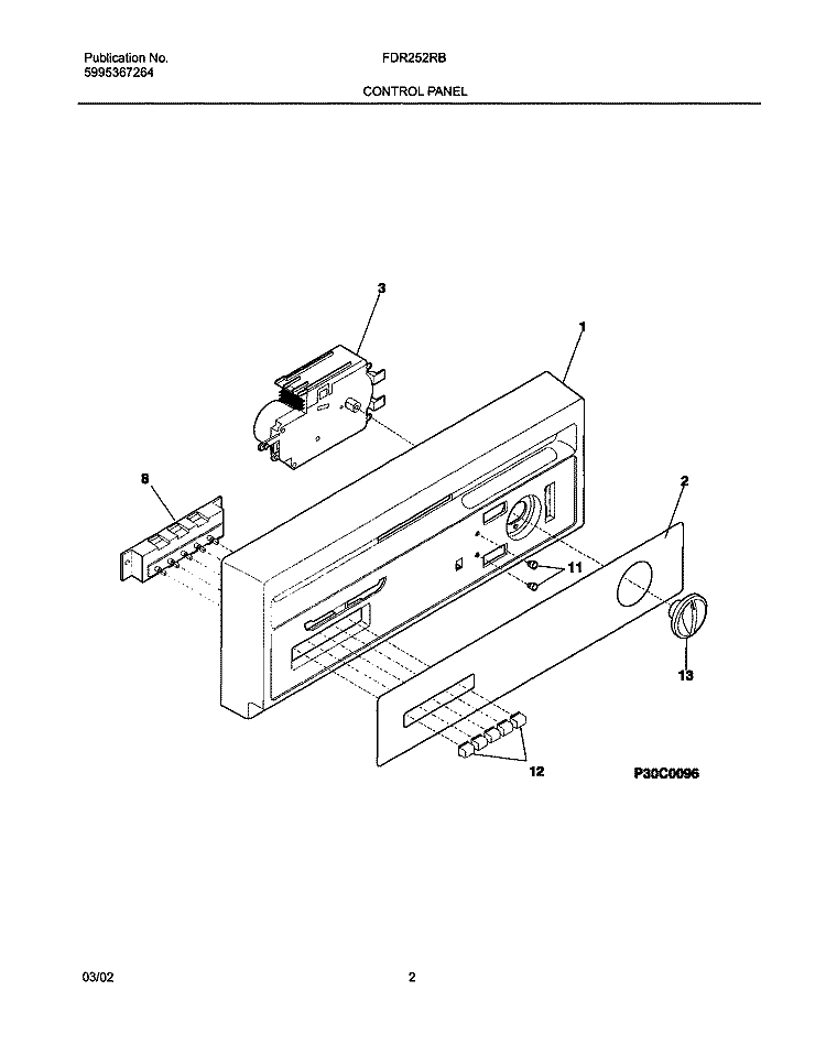 CONTROL PANEL Diagram and Parts List for FDR252RBS0  Frigidaire Dishwasher