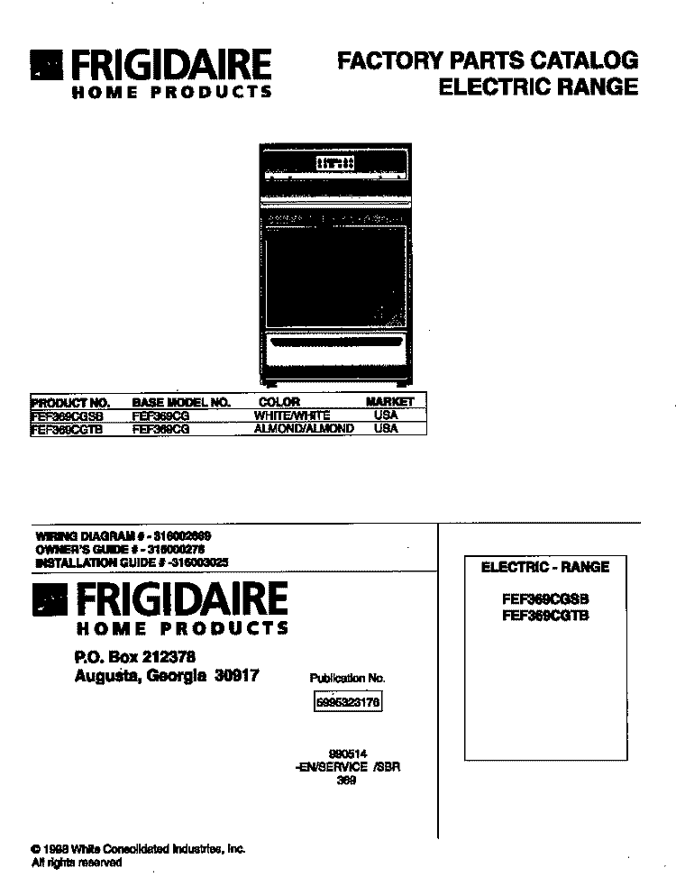 COVER Diagram and Parts List for FEF369CGTB  Frigidaire Range