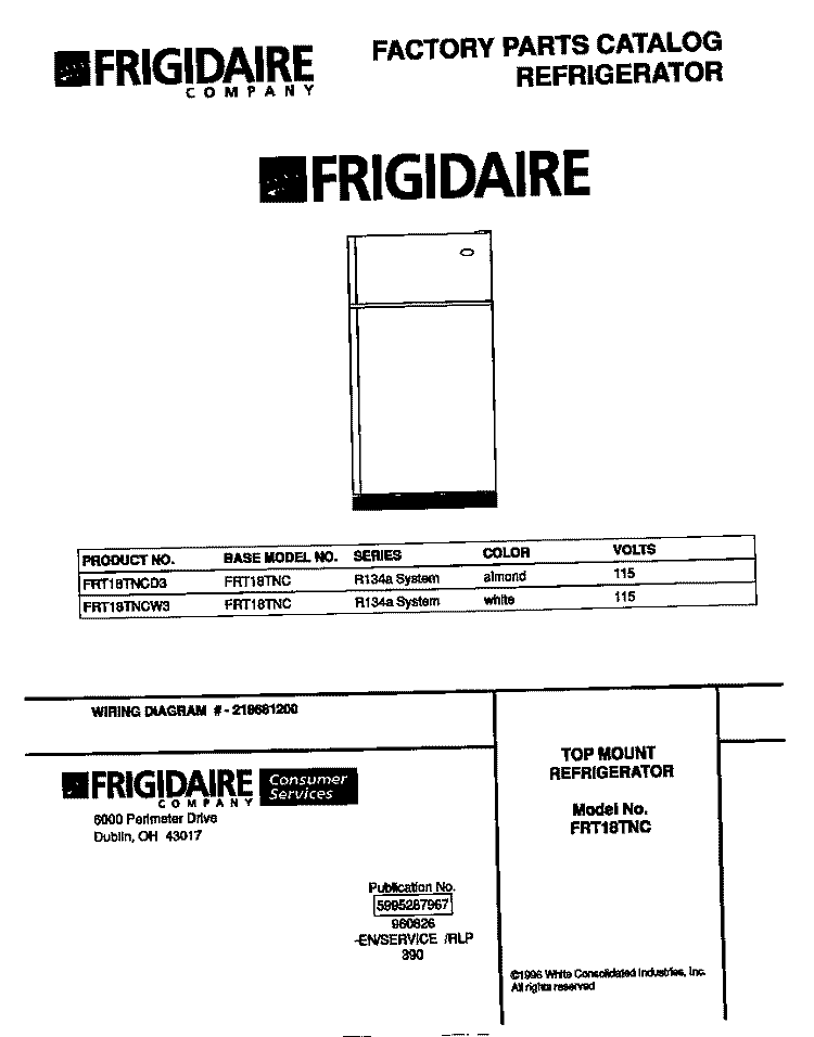 COVER Diagram and Parts List for FRT18TNCD3  Frigidaire Refrigerator