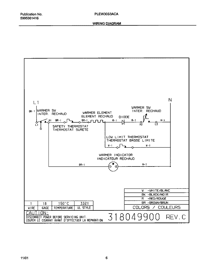 WIRING DIAGRAM Diagram and Parts List for PLEW30S3ACA  Frigidaire Warming Drawer