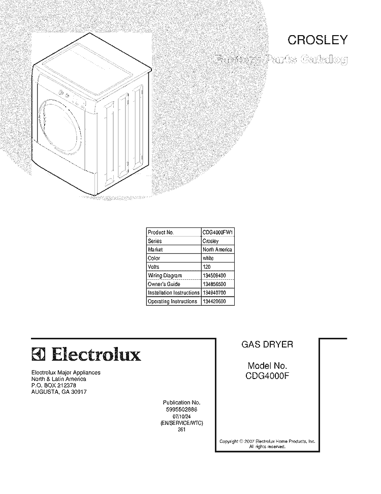 COVER Diagram and Parts List for CDG4000FW1  Crosley Dryer