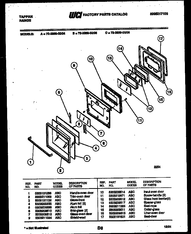 LOWER OVEN DOOR PARTS Diagram and Parts List for 72-3989-00-04  Tappan Range