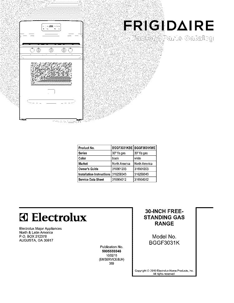 COVER Diagram and Parts List for BGGF3031KWE  Frigidaire Range