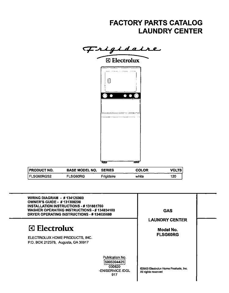 COVER Diagram and Parts List for FLSG60RGS2  Frigidaire Washer Dryer Combo