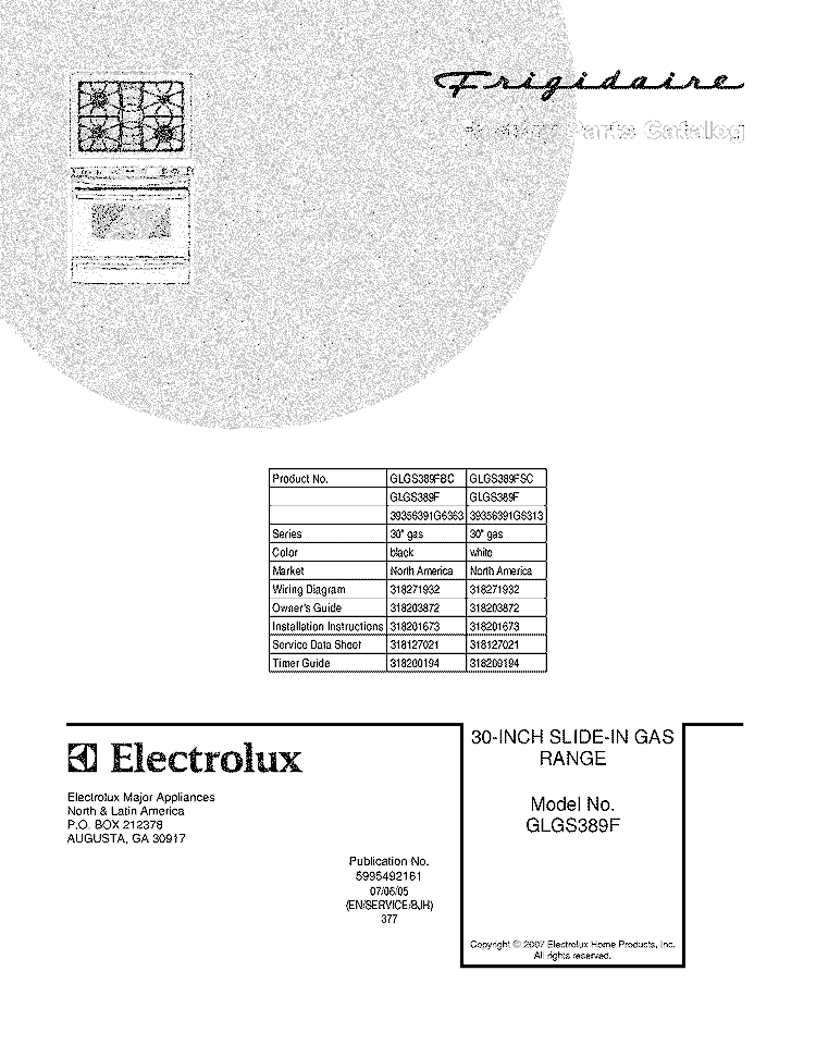 COVER Diagram and Parts List for GLGS389FSC  Frigidaire Range