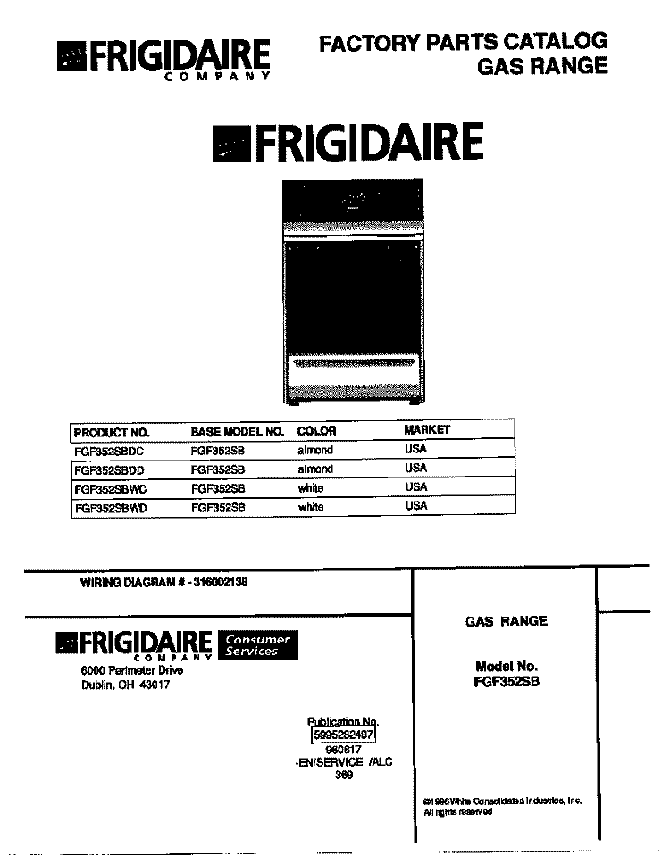 COVER Diagram and Parts List for FGF352SBWC  Frigidaire Range
