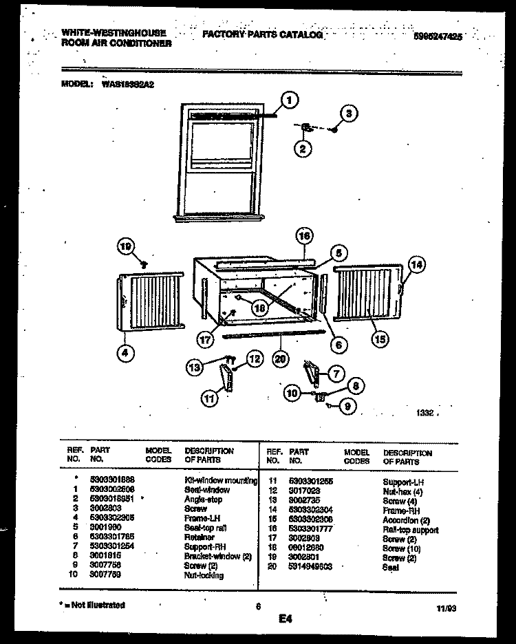 CABINET AND INSTALLATION PARTS Diagram and Parts List for WAS183S2A2  Frigidaire Air Conditioner