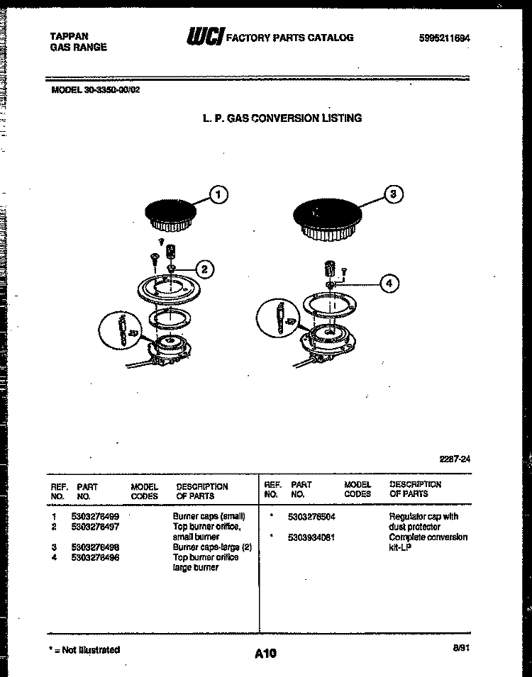 BURNER PARTS Diagram and Parts List for 30-3350-00-02  Tappan Range