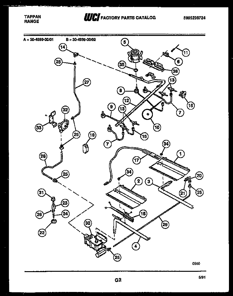 BURNER PARTS Diagram and Parts List for 30-4999-08-01  Tappan Range