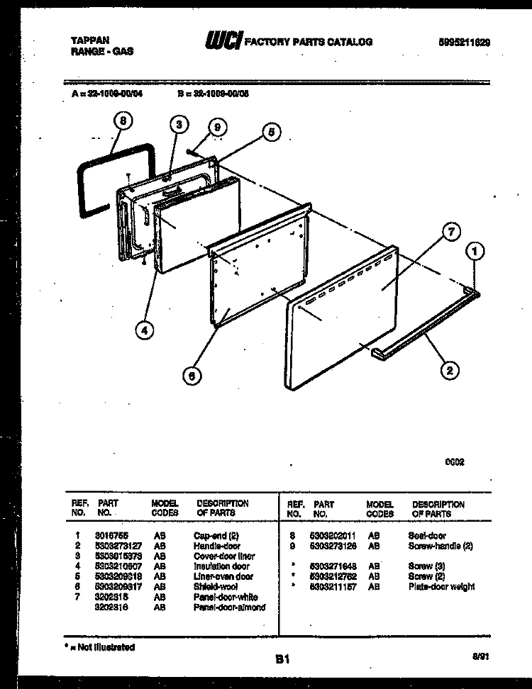 DOOR PARTS Diagram and Parts List for 32-1009-00-05  Tappan Range