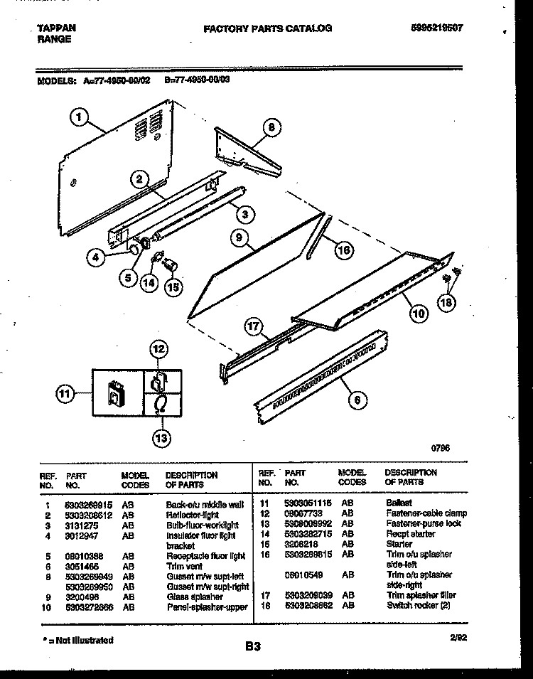 SPLASHER CONTROL Diagram and Parts List for 77-4950-00-03  Tappan Range