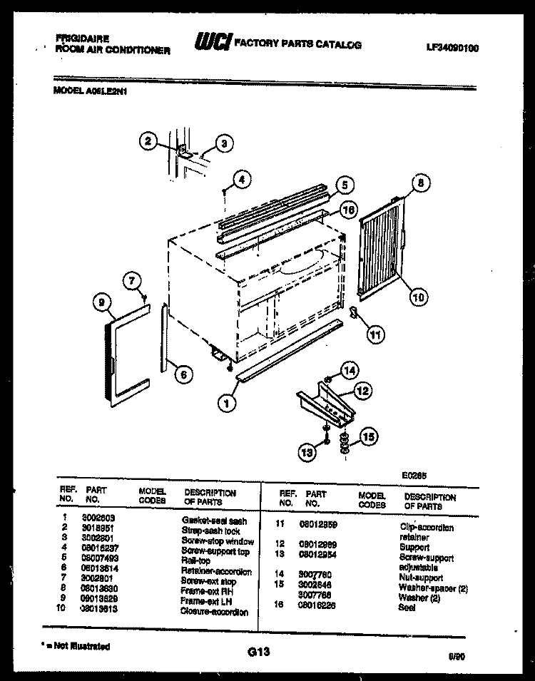 WINDOW MOUNTING PARTS Diagram and Parts List for A06LE2N1  Frigidaire Air Conditioner