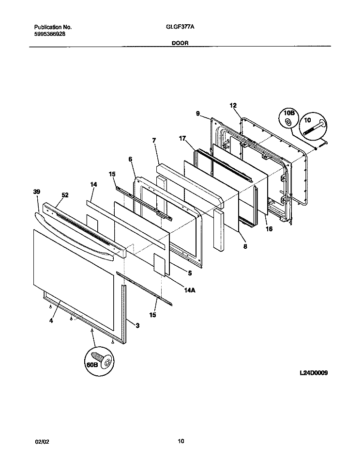 DOOR Diagram and Parts List for GLGF377AQE  Frigidaire Range