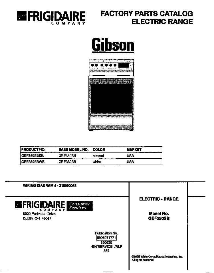 COVER Diagram and Parts List for GEF350SBDB  Gibson Range