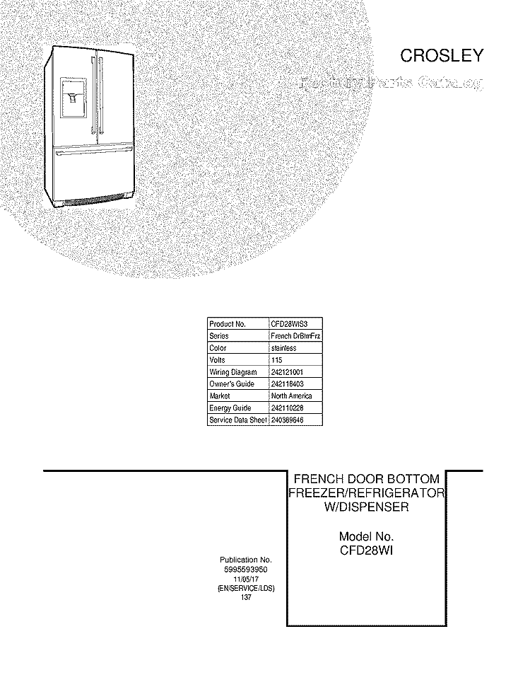 COVER Diagram and Parts List for CFD28WIS3  Crosley Refrigerator