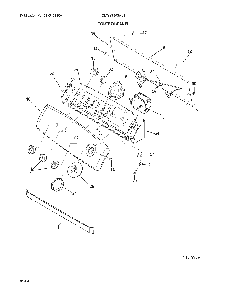 CONTROL / PANEL Diagram and Parts List for GLWY1343AS1  Frigidaire Washer