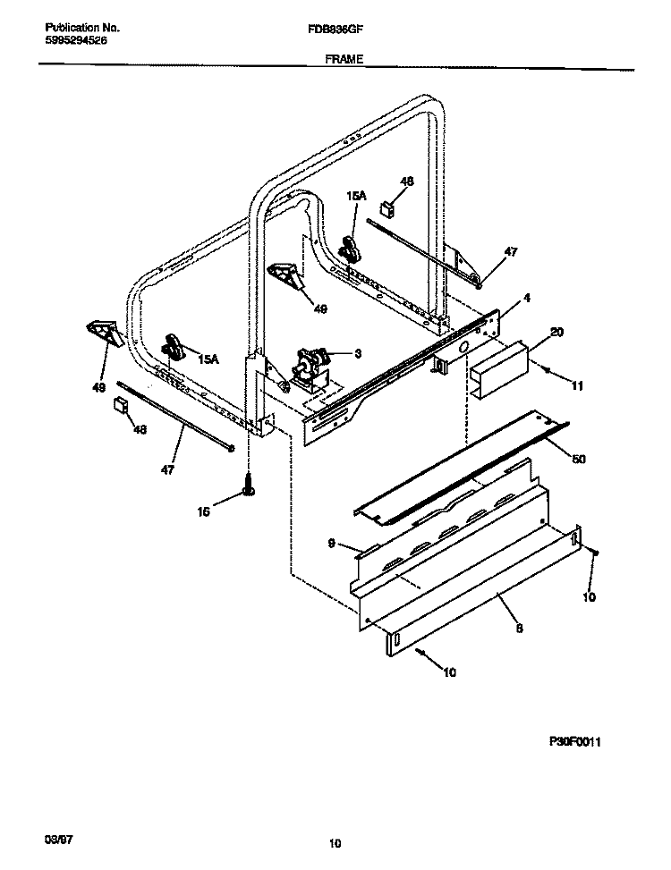FRAME Diagram and Parts List for FDB836GFT2  Frigidaire Dishwasher