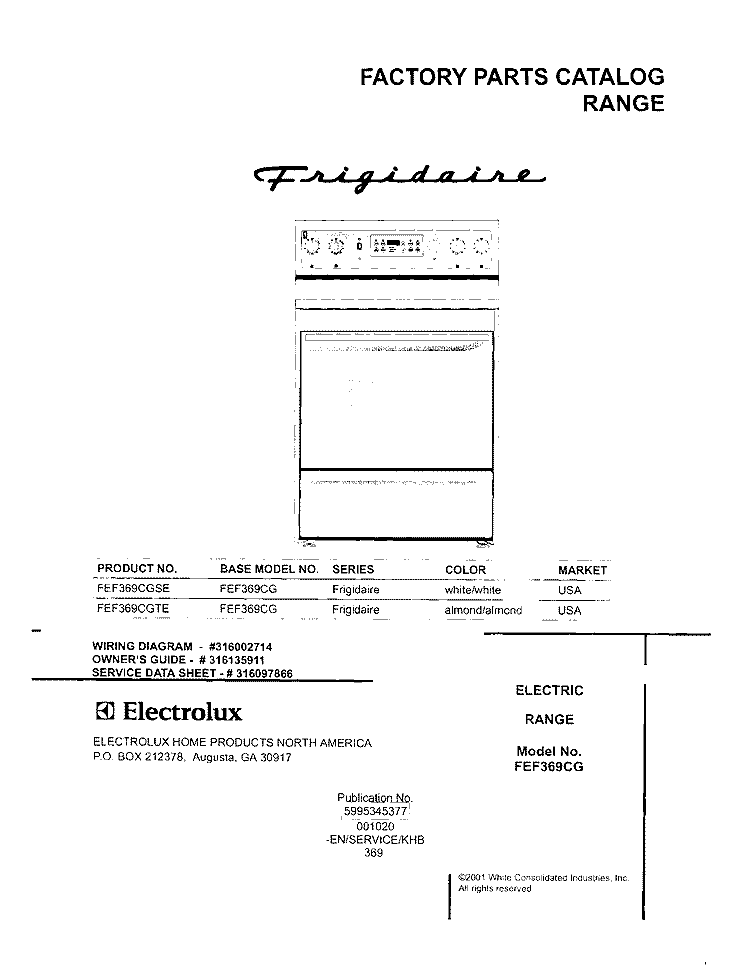 COVER Diagram and Parts List for FEF369CGSE  Frigidaire Range